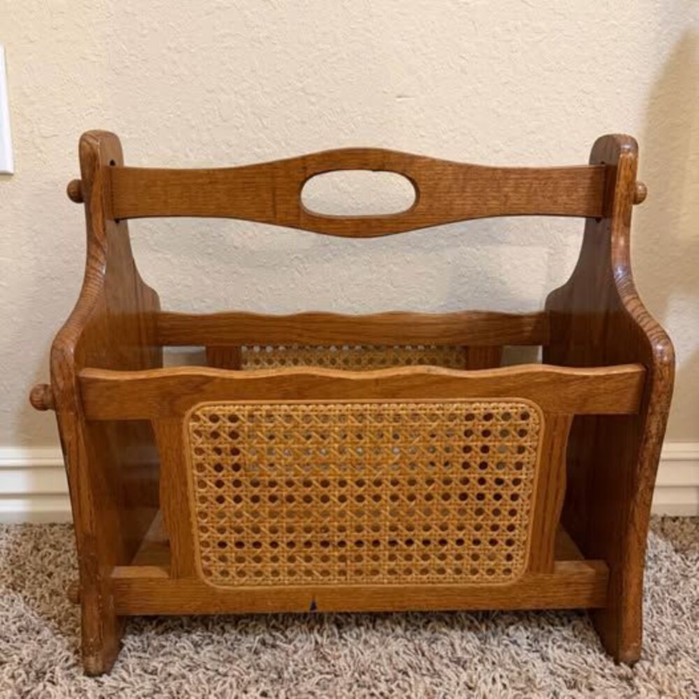 Vintage Mid-Century Wooden Magazine Rack with Woven Cane Panels